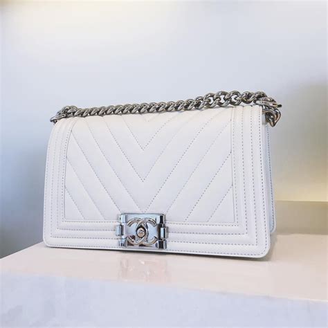 chanel white chevron boy bag